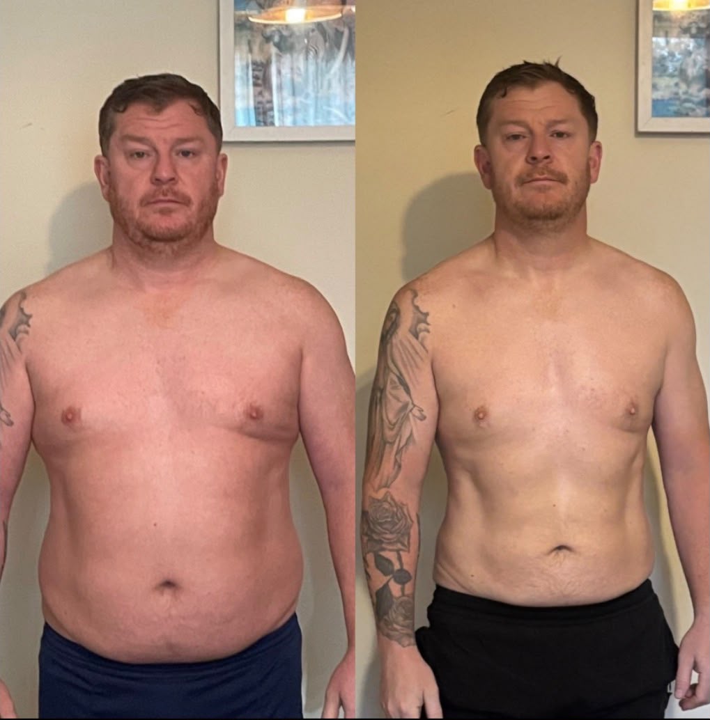 Member before and after transformation: 25 kg lost in 24 weeks